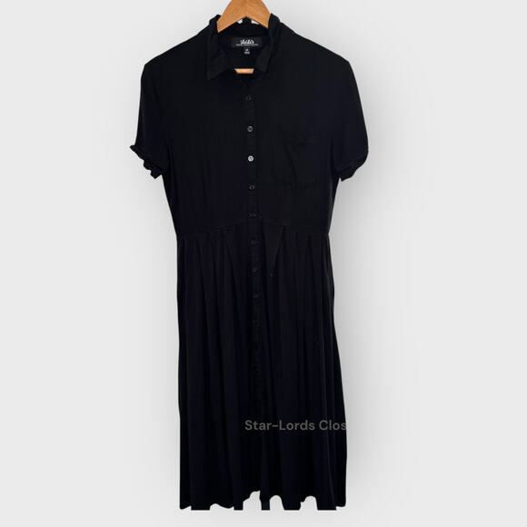 Lulus Tango In The Night Midi Dress Medium Black Short Sleeve Collared Button Up - Picture 2 of 5